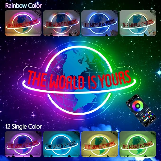 The World is Yours Neon Sign, Remote Planet LED Neon Light Lamp for Wall Decor, USB Power for Man Cave Home Bar Bistro Club Cafe Wedding Game Room Bedroom Birthday Gift Graduation Party (Multicolor)