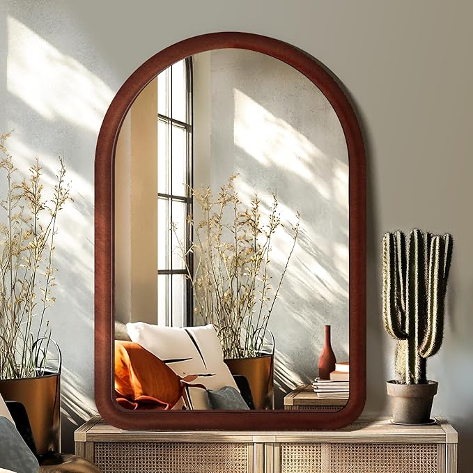 36"x24" Arched Bathroom Mirror, Wall Mounted Vanity Plush Flannel Frame Mirror for Bedroom, Entryway, Living Room, Dark Brown