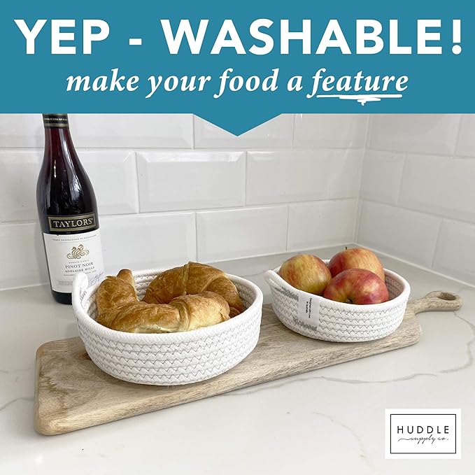 Small Basket Set - 2PC WASHABLE Small Storage Basket 100% Cotton Small Rope Basket 7.5" Small Woven Basket for Key Basket, Mini Basket, Kitchen Basket, Remote Basket (White, Small)