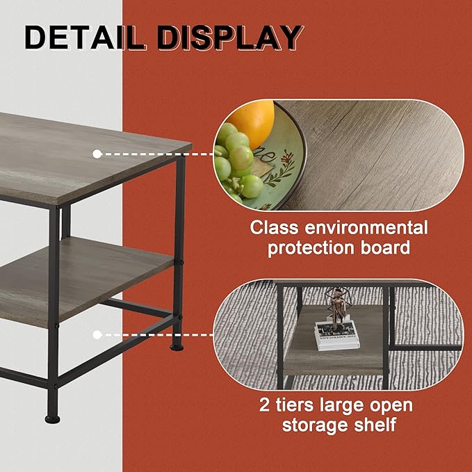 SENIG Grey Oak Rectangle Wood and Metal Coffee Table with Storage Shelf for Small Living Rooms with Shelf