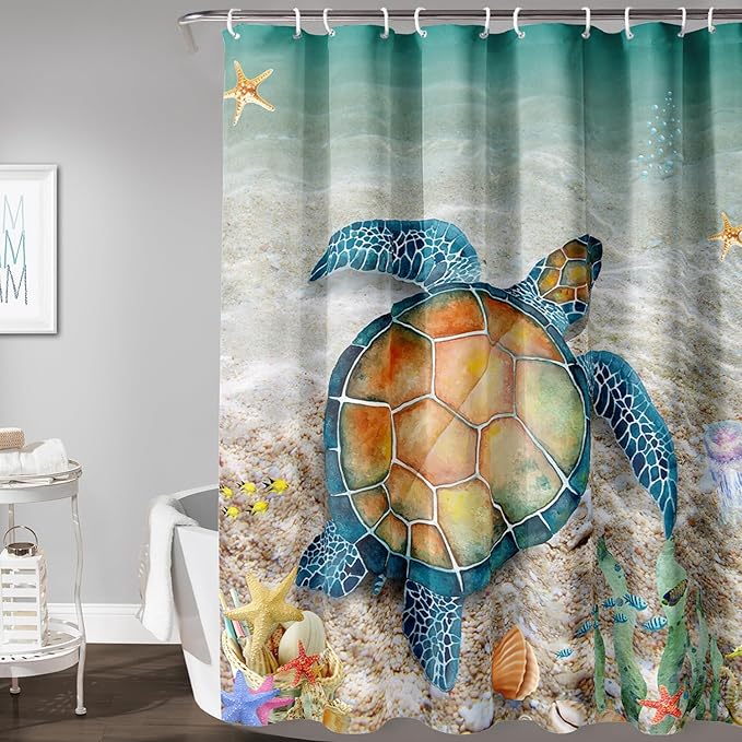 AILONEN Sea Turtle Shower Curtain,Beach Ocean Turtle Bath Curtain with 12 Plastic Hooks,Sea Animal Coast Shell Print Bath Curtain Polyester Waterproof 60" W*72" H