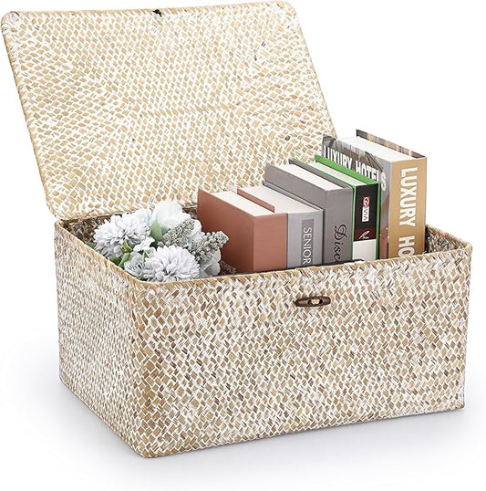 Hipiwe Wicker Woven Baskets Bin with Lid Natural Seagrass Basket Storage Bin Rectangular Household Basket for Shelf Wardrobe Home Decor, Whitewash, X-Large
