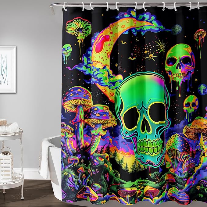 AILONEN Mushroom Skull Shower Curtain for Bathroom, Green Starry Moon Skull Bath Curtain,Fantasy Fungus Skeleton Decor Bathroom Waterproof Curtain with 12 Plastic Hooks, 72" W*72" H