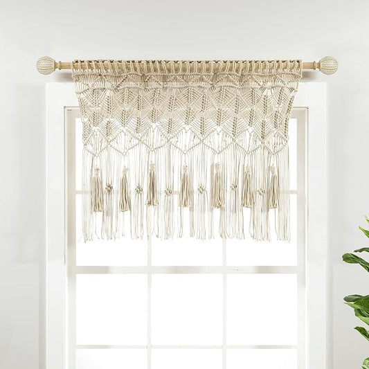 Lush Decor Boho Macrame Tassel Cotton Valance/Kitchen Curtain/Wall Decor, 30" L x 40" W, Neutral
