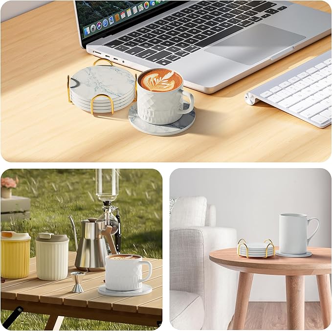 Coasters for Drinks Set of 4, Absorbent Ivory Marble Style with Metal Golden Holder, Ceramic Coaster Set Cup Mat for Home Decor, Bar, Kitchen, Party