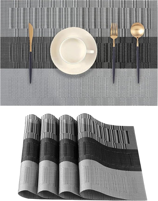 Black Gray Placemats Set of 4 - Heat Resistant Non-Slip Place mats for Dining Table, Washable Durable PVC Vinyl Woven Table Mats (Black Gray, 4)