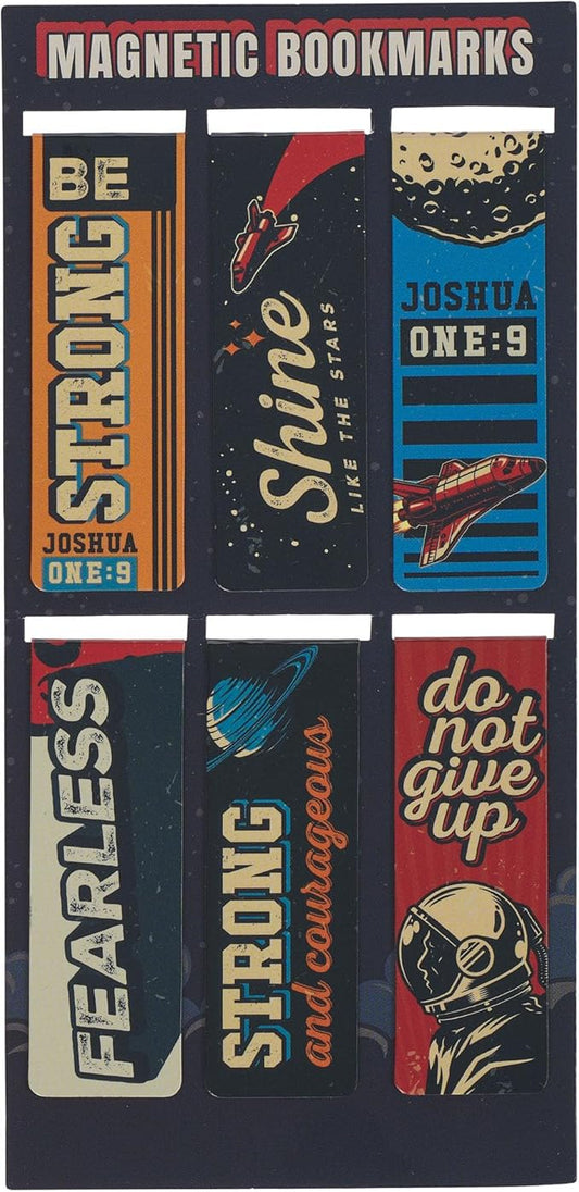 Christian Art Gifts Magnetic Scripture Bookmark Set for Boys & Girls: Strong & Courageous Bible Verse, Multicolor Outer Space Travel Theme, Books, Bibles, Notes, Refrigerators, 6 Piece Set 2.3" x 0.8"