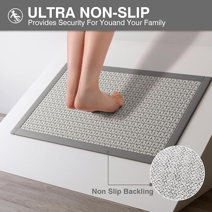 Non Slip Ultra Thin Bathroom Rugs Mat 20x32, Bath Mat for Bathroom Quick Dry Absorbent Bathroom Mat Floor Rubber Backed Fit Under Door, Woven Washable Bath Rugs, Gray