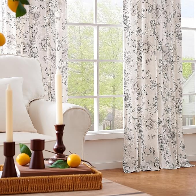 jinchan Linen Blend Curtain Floral Curtains for Living Room 63 Inch Length Black Printed Curtain Rod Pocket Back Tab Farmhouse Peony Flower Patterned Drapes Bedroom Window Curtains Set 2 Panels