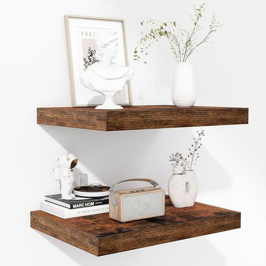 Fun Memories Floating Shelves - 2 Pack 12 Inch Deep Rustic Wooden Wall Shelves - Extra Deeper & Thicker Wall Mounted Storage Shelf for Living Room, Kitchen, Farmhouse - 16" W x 12" D x 1.5" H - Brown