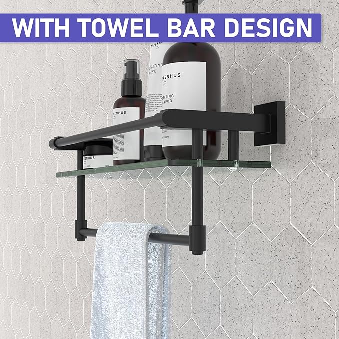Glass Shelf for Bathroom 16 Inch Bathroom Shelves with Towel Bar, Tempered Glass Shelves with Stainless Steel Towel Holder for Wall Shelf Sink Over Toilet (Matte Black)