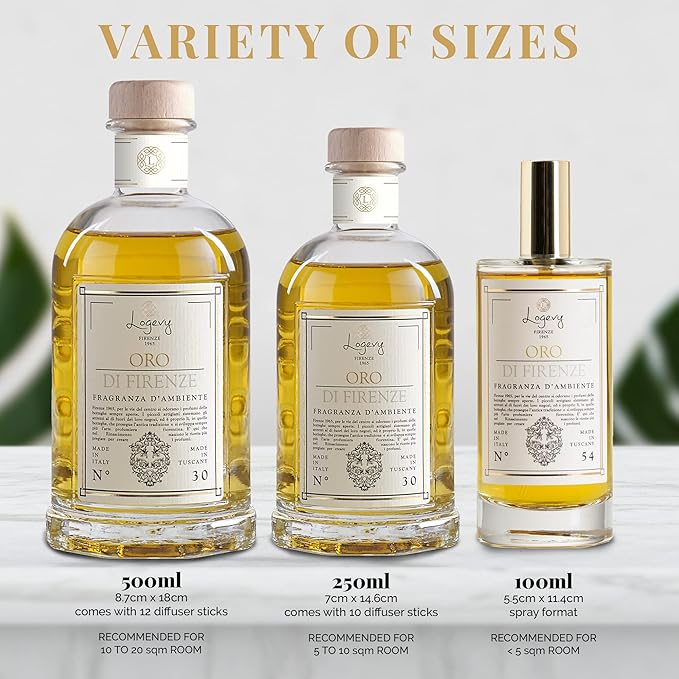 Logevy Firenze 1965 Oro di Firenze – Gold of Florence Luxury Home Fragrance Diffuser by Italian Master Perfumer with Floral & Earthy Notes in Elegant Glass Bottle with 10 Natural Bamboo Reeds – 250ml