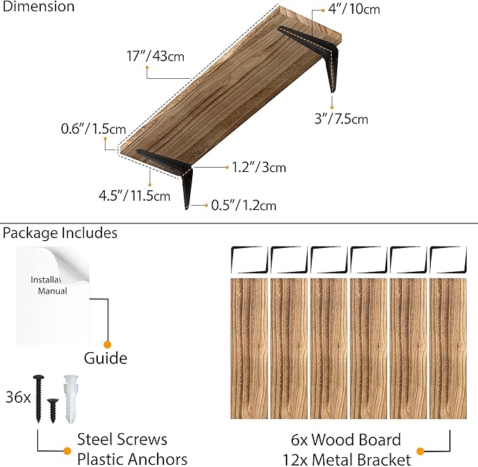 Wallniture Arras Floating Shelves for Wall, Wood Wall Shelves for Bedroom Decor, Burned Set of 6