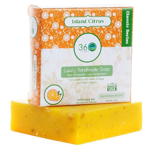 360Feel Island Citrus Soap - Handcrafted Castile Bar Soap with a Tropical Scent - Handmade with Essential Oils - Ideal Gift for Anniversaries, Weddings, and Holiday Stockings - Rich Lather - 5 Ounce