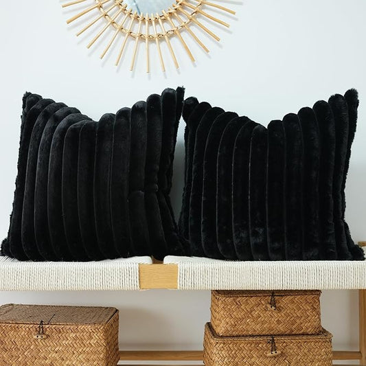 JOJUSIS Pack of 2 Faux Fur Plush Decorative Throw Pillow Covers Couch Cushion Case Soft Pillowcases (Black, 22 x 22-Inch)