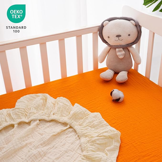Muslin Crib Sheets for Boys Girls, 2 Pack 100% Cotton Soft Breathable Fitted Baby Sheet Set, 28x52 Inch Fits Standard Crib and Toddler Mattresses, Beige & Ginger
