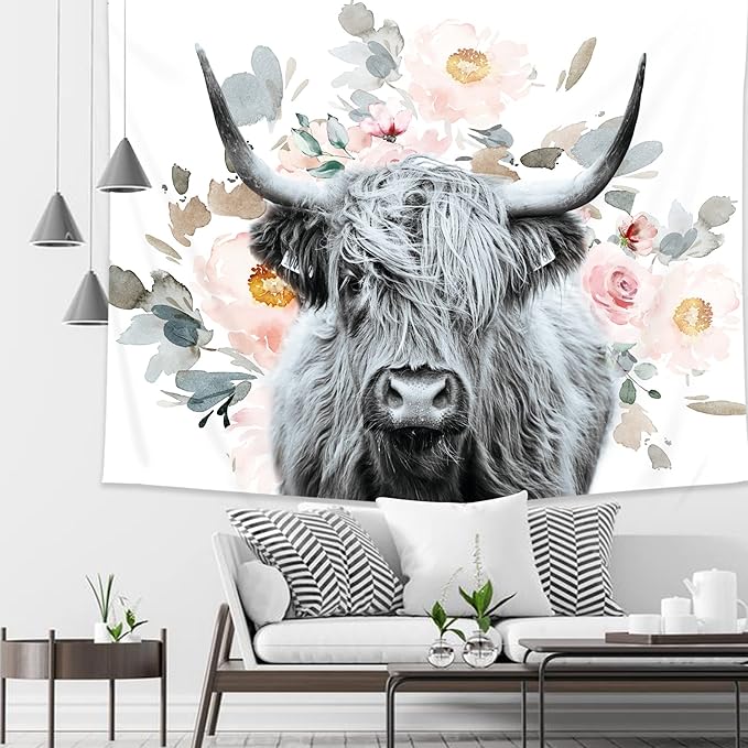AMBZEK Highland Cow Tapestry Floral 51Hx59W Inch Western Country Wall Art Funny Tapestry Bull Cattle Rustic Farmhouse Wildlife Flowers Cute Animal Farm Wall Hanging Bedroom Living Room Decor Fabric