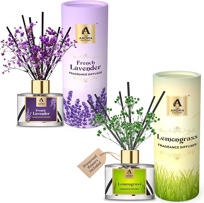 The Aroma Factory Fragrance Reed Diffuser Set with Natural Essential Oil, Aroma Sticks & Real Preserved Flowers | Luxury Home Decor Scent (French Lavender & Lemongrass, 2 Pack)
