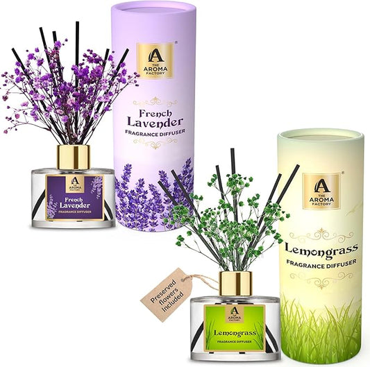 The Aroma Factory Fragrance Reed Diffuser Set with Natural Essential Oil, Aroma Sticks & Real Preserved Flowers | Luxury Home Decor Scent (French Lavender & Lemongrass, 2 Pack)