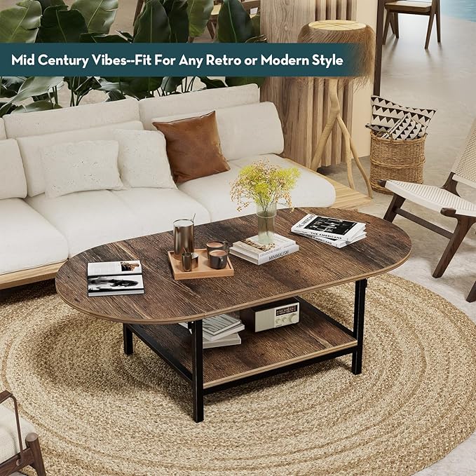 SAYGOER Coffee Table 2-Tier Small Folding Coffee Tables with Storage for Living Room Mid Century Center Table Vintage Extended Table with Two Foldable Panel for Large or Small Space, Rustic Brown