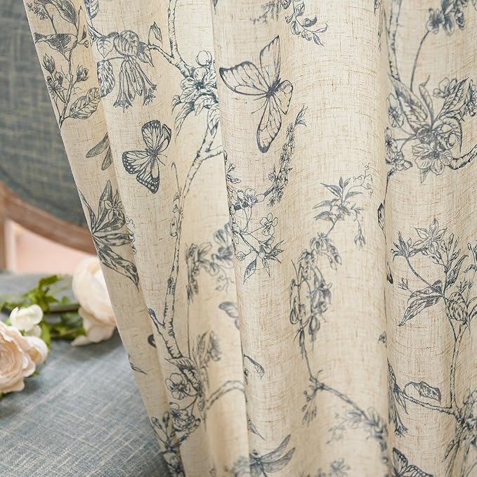 Lazzzy Blue Floral Linen Farmhouse Curtains 96 Inches Long Back Tab Drapes for Living Room Bedroom Light Filtering Country Vintage Rod Pocket Curtains,2 Panels, Blue on Beige