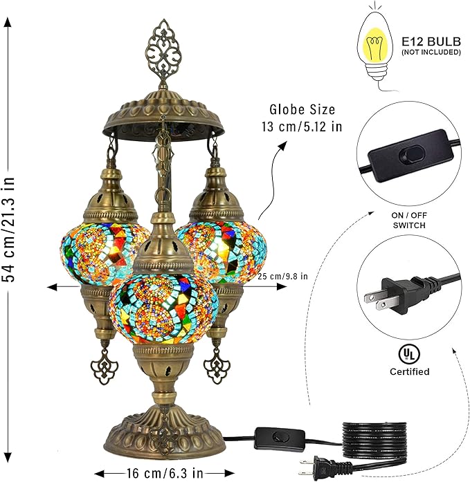mozaist 3 Globe Turkish Mosaic Table Lamp, Stained Glass Tiffany Style Moroccan Desk Light, Handmade Vintage Antique Entryway Decorative Colorful Lighting with US Plug & E12 Socket (Multi-Colored)