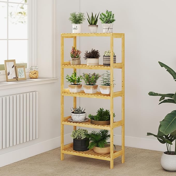 kinbor 5-Tier Bamboo Shelf Freestanding - Space-Saving Bathroom Standing Shelf & Plant Stand, 5 Shelf Bookcase for Kitchen, Living Room, Office (Natural Bamboo, Easy Assembly)