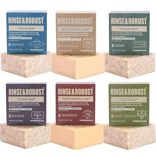 Rinse & Robust Mens Bar Soap 6Pcs Cleansing All Natural Handmade Mens Moisturizing&Exfoliating Oatmeal Scrub Soap Gift for Men Body&Hand All Skin Type|6 Different Scents |5.3 oz of 6 Bars