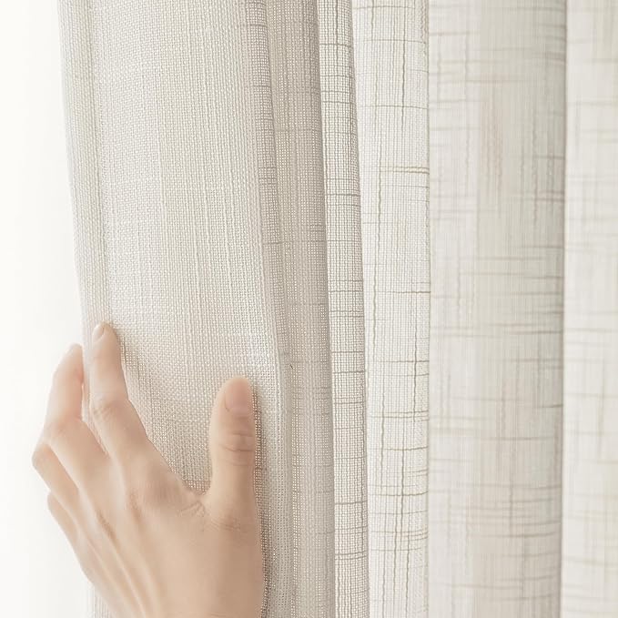 FMFUNCTEX Natural Sliding Door Curtain 84" Sheer Linen Curtains for Living Room Divider 100" Width Extra Wide Bedroom Drapes Linen Patio Door Panel Semi Sheer Window Panels Beige Rod Pocket 1 Panel