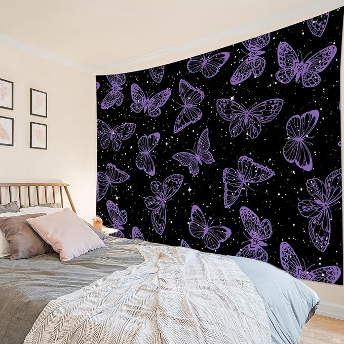 HVEST Purple Butterfly Wall Hanging - Galaxy Space Tapestry for Bedroom, Kids Room, Living Room - 60L x 80W inches