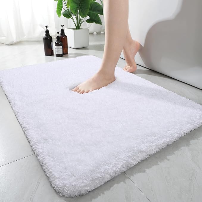 AROGAN Luxury Long Bathroom Runner Rug, 20x30 Inch Thick Soft and Absorbent Microfiber Non Slip Bath Mat, Rubber Backing Quick Dry Rugs Carpets, Machine Washable Plush Mats for Shower Floor, White