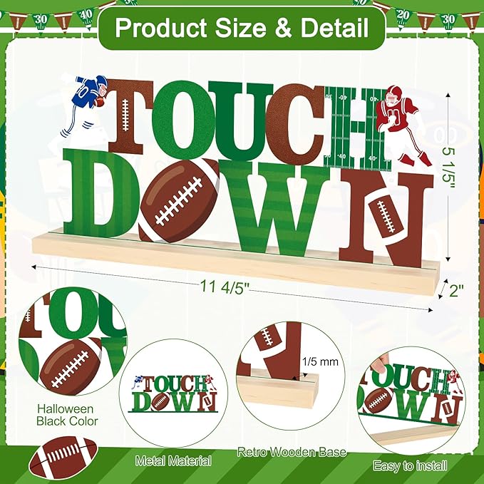 COCHIE Metal Football Touch Down Sign, Green Super Football Bowl Game Party Decorations for Home, Office, Shelf, Mantel, Indoor, Touch Down Table Toppers Decor (Superbowl)