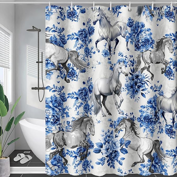 AILONEN Blue Floral Horse Shower Curtain,Farm Animal Printed Galloping Horse Bath Curtain,Minimalist Flower Girls Women Bathroom Curtain Decor, 60" W x 72" H