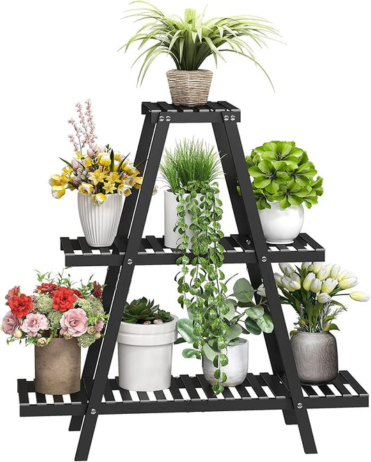 BMOSU Plant Stand Bamboo for Indoor Outdoor Tiered Plant Shelf 8 Potted Flower Holder Ladder Rack Garden Balcony Living Room Patio(3 Tier Black)