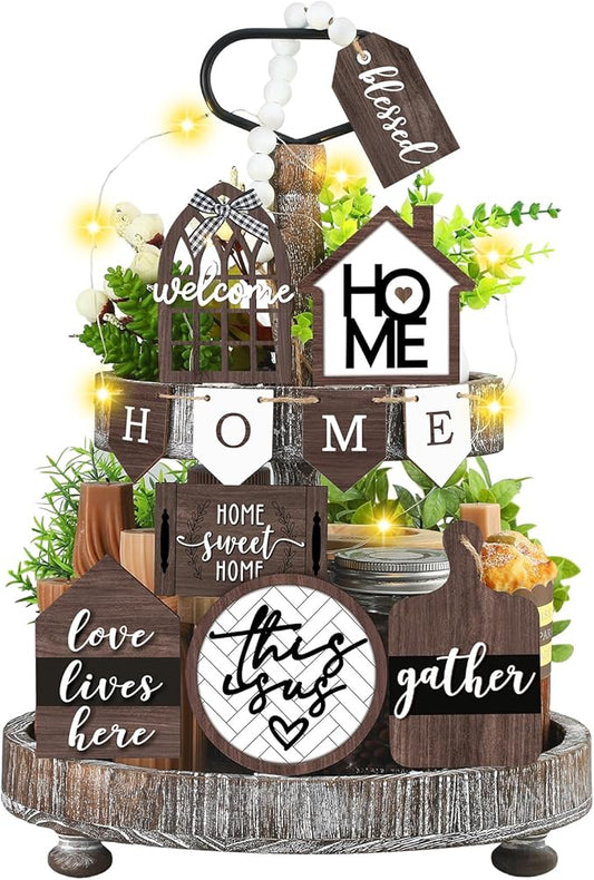 Set of 11 Summer Farmhouse Tiered Tray Decor Rustic Home Tiered Tray Decorations Set Wooden Signs Home This is Us Farmhouse Tabletop Wood Signs for Kitchen Table Shelf Decor
