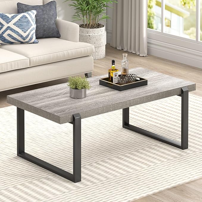 FOLUBAN Modern Coffee Table, Rustic Wood and Metal Center Table, Retro Small Cocktail Tea Table for Living Room, Light Grey, 44 Inch