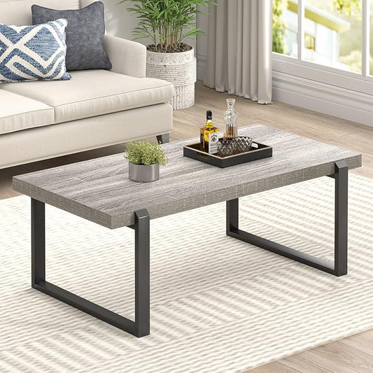 FOLUBAN Modern Coffee Table, Rustic Wood and Metal Center Table, Retro Small Cocktail Tea Table for Living Room, Light Grey, 44 Inch