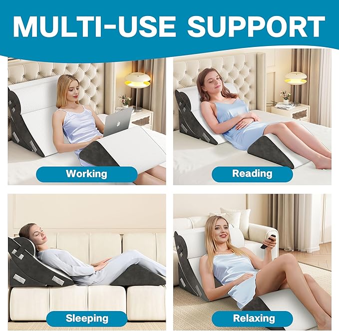 Orthopedic Bed Wedge Pillow Set, 4Pcs Wedge Pillow for Sleeping, Adjustable Incline Elevated Memory Foam Wedge Pillow for Post Surgery, Snoring, Back, Leg Pain, Acid Reflux Relief