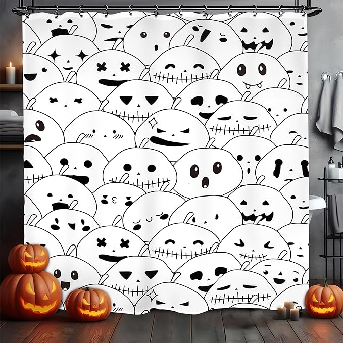 Halloween Pumpkin Ghost Kids Shower Curtain 60Wx72L Inch Horror Scary Spooky Black White Cartoon Lovely Cute Bathroom Set Accessories Decor with 12 Pack Hooks