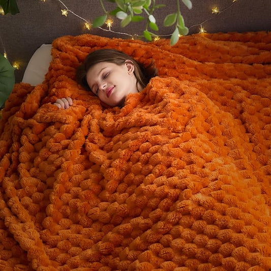 NEWCOSPLAY Super Soft Fall Queen Blanket Orange Premium Silky Flannel Fleece 3D Clouds Stylish Jacquard Lightweight Bed Blanket All Season Use 350GSM (Orange, Queen(90"x90"))