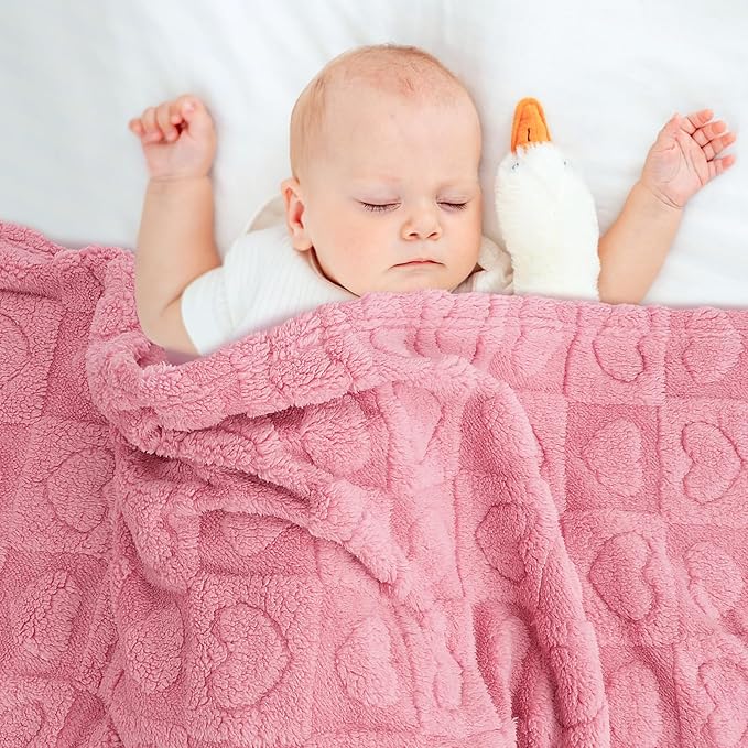 Plush Soft with Heart Checkered Baby Blanket,Fleece Infant Toddler Blankets for Girls Boys,Warm Lightweight Breathable Newborn Receiving Blankets for Crib Stroller 32"×37" (deep Pink, Heart)