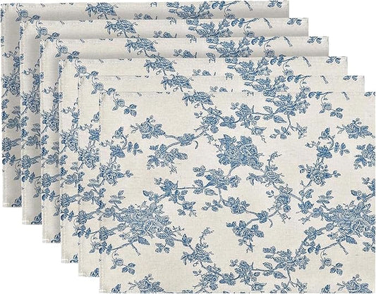 Pastoral Placemats for Dining Table Set of 6, Reversable & Heat-Resistant Non-Slip Place Mats for Kitchen Table Mats 13 x 19 Inch, Floral (Dark Blue)