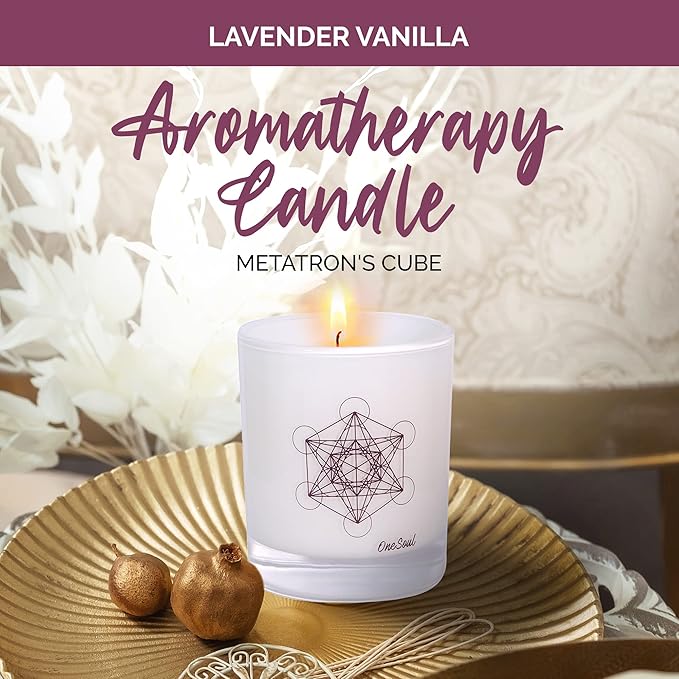 Lavender Vanilla Aromatherapy Candle, Floral Scented Candles, Luxury Candles Scented with Metatron’s Cube Symbol, Hand-Poured Soy Candle, 50 Hours Long Time, 7.6 oz. - OneSoul Collection