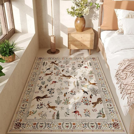 Bedroom Rug 3x5 Rug Washable Area Rug Non Slip Low Pile Boho Floral Animal Small Carpet for Bedroom, Bedside, Kitchen, Entryway, Kids Room, Office, College Dorm Essentials for Girls (Beige)