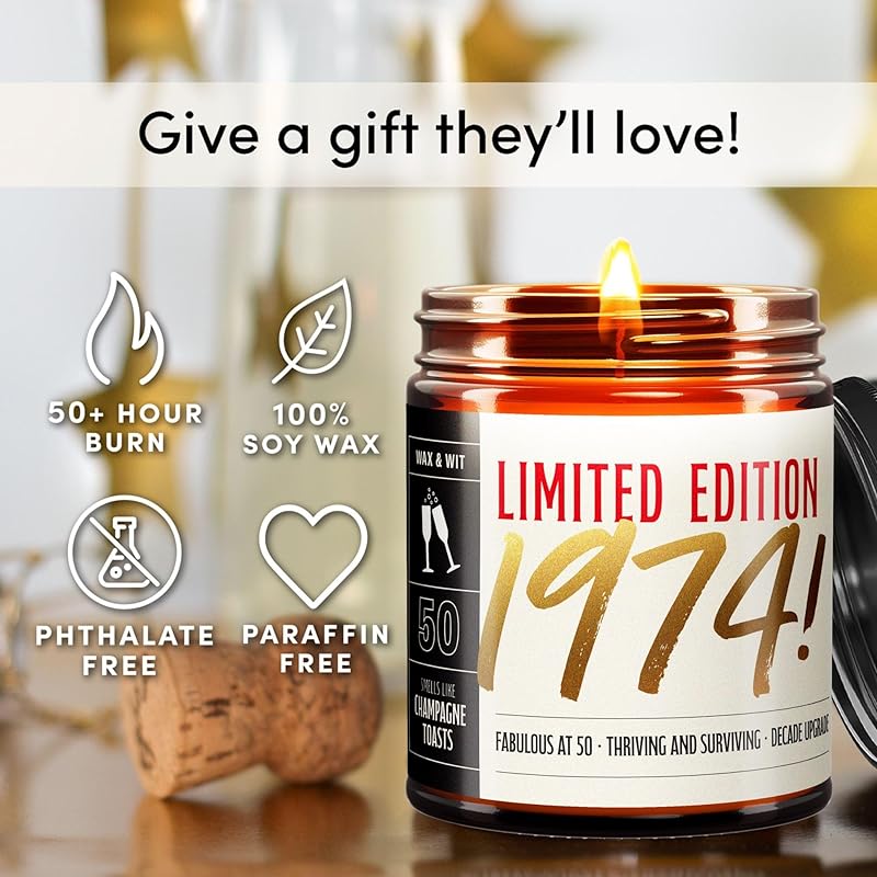 Wax & Wit 50th Birthday Gifts for Women, Birthday Candles - Scented with Champagne Bubbles - 50 Year Old Gift Ideas – 9oz, Soy Wax, 50 Hour Burn, Premium Candle