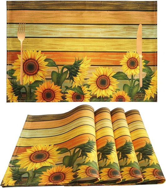 Sunflower Table Placemats Set of 4 - Heat Resistant Washable Wipeable Linen Fabric Rectangle Place Mats Table Mats for Kitchen Dining Dinner- 18 X 12 Inch, Yellow