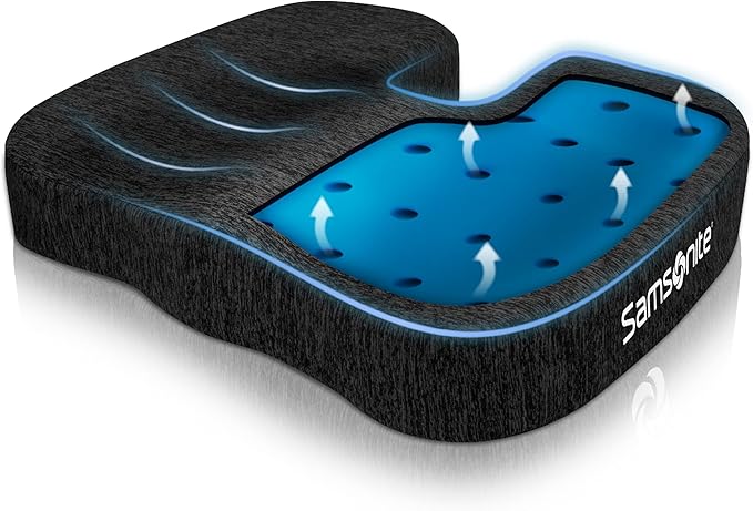 SAMSONITE Gel-Infused Memory Foam Seat Cushion with Enhanced Airflow Design for Cooling Experience, Fits Most Office Chairs and Car Seats, Supportive Sitting Pillow for Orthopedic Comfort…