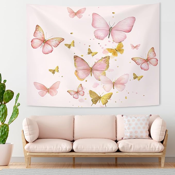 KAIOUS Pink and Gold Butterfly Tapestry, Pink Butterfly Wall Hanging Tapestries for Bedroom Living Room Dorm Girls Room Home Decor 50x58 Inches