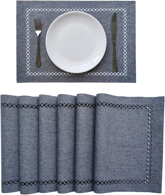 Placemats Set of 6 for Dining Table with Hollow Edge Design- Table Mats 12x 18 Inch, Cloth Place mats Machine Washable (Grey 6pcs)