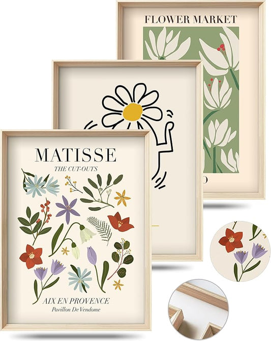 Framed Matisse Canvas Wall Art for Bedroom,Abstract Matisse Canvas Wall Decor,Minimalist Classic Decor Aesthetic,12x16IN Wood High Framed Design Posters for Living Room,Bathroom Set of 3